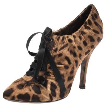 Pre Owned Dolce & Gabbana Brown Leopard Print Satin Lace Up Boots Size 39