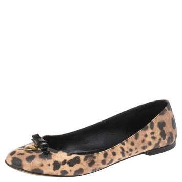 Pre Owned Dolce & Gabbana Brown Animal Print Canvas Bow Detail Ballet Flat Size 39
