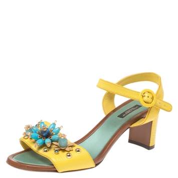 Pre Owned Dolce & Gabbana Yellow/Blue Lizard Embossed Leather Crystal Embellished Ankle Strap Sandals Size 39