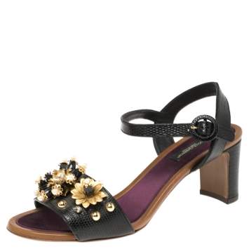 Pre Owned Dolce & Gabbana Lizard Embossed Leather Embellished Ankle Strap Sandals Size 39