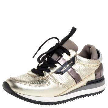 مملوكة مسبقًا Dolce & Gabbana Metallic Gold Leather And Fabric Perforated Sneakers Size 35