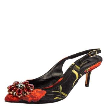 Pre Owned Dolce & Gabbana Multicolor Brocade Floral Fabric Crystal Embellished Slingback Sandals Size 37