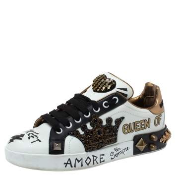 Pre Owned Dolce & Gabbana Tri Color Leather Portofino Crown Embellished Low Top Sneakers Size 38