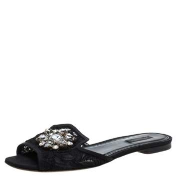 Pre Owned Dolce & Gabbana Black Lace Sofia Crystal Embellished Flat Slides Size 39