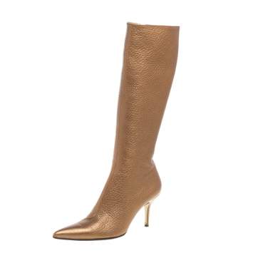 Pre Owned Dolce and Gabbana Metallic Beige Textured Leather Pointed Knee Boots Size 40.5