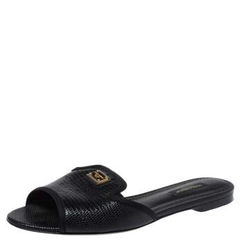 Pre Owned Dolce & Gabbana Black Lizard Embossed Leather Sofia Slides Size 37