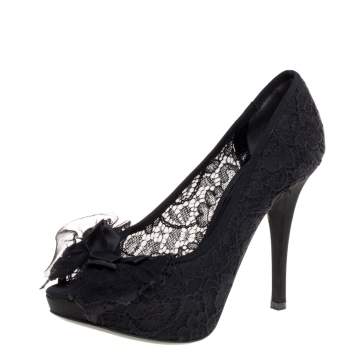 Pre Owned Dolce & Gabbana Black Lace Bow Peep Toe Pumps Size 36