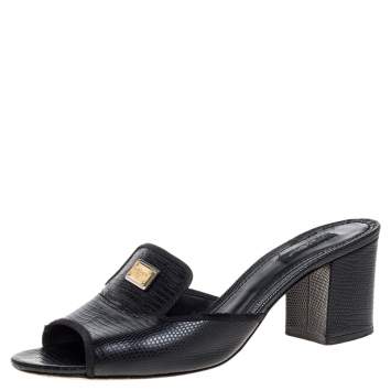 Pre Owned Dolce & Gabbana Black Lizard Embossed Leather Slide Sandals Size 40