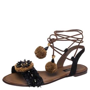 Pre Owned Dolce & Gabbana Black/Brown Suede and Raffia Flat Sandals Size 37.5