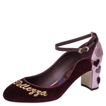 Pre Owned Dolce and Gabbana Burgundy Velvet L' Amore Block Heel Pumps Size 38