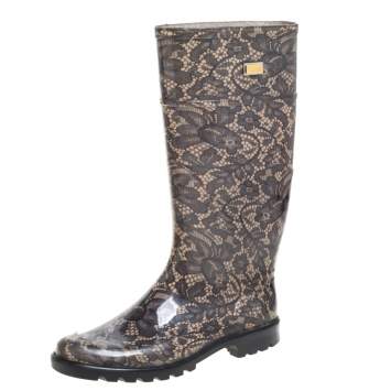 Pre Owned Dolce & Gabbana Grey/Beige Jelly Printed Lace Round Toe Rain Boots Size 37