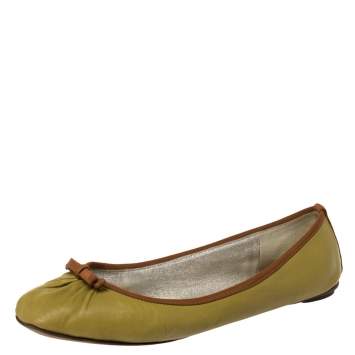 مملوكة مسبقًا Dolce & Gabbana Green Leather Bow Ballet Flats Size 38