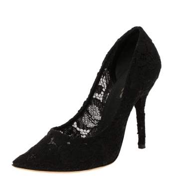 Pre Owned Dolce & Gabbana Black Lace Pointed Toe Pumps Size 37.5