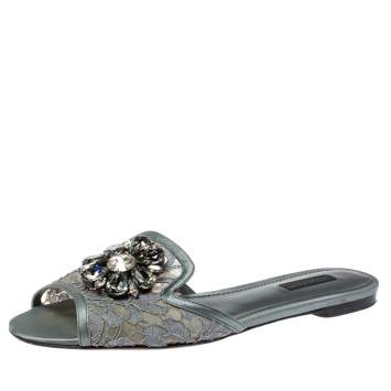 Pre Owned Dolce & Gabbana Grey Lace Crystal Embellished Flat Slide Sandals Size 39