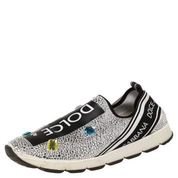 Pre Owned Dolce and Gabbana White/Black Fabric and Embellishment Sorrento Sneakers Size 38