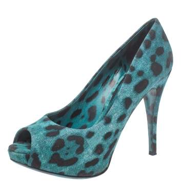 Pre Owned Dolce & Gabbana Two Tone Leopard Print Denim Fabric Platform Peep Toe Pumps 