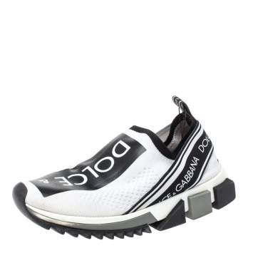 Pre Owned Dolce & Gabbana White/Black Stretch Fabric Logo Sorrento Slip On Sneakers Size 37