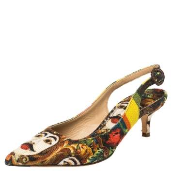 Pre Owned Dolce & Gabbana Multicolor Print Canvas Slingback Pointed Toe Pumps Size 38