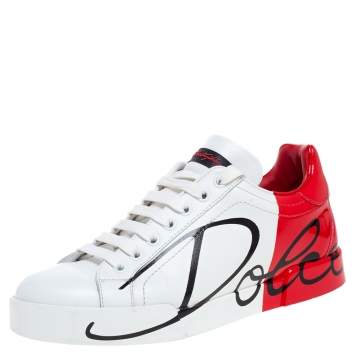 Pre Owned Dolce & Gabbana White/Red Leather and Patent Leather Logo Low Top Sneakers Size 37.5