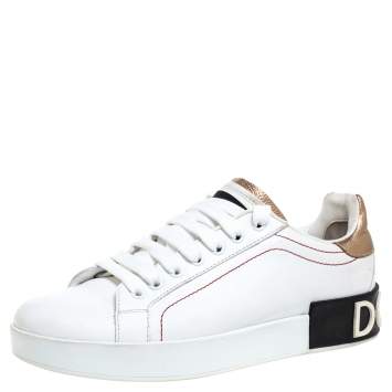 Pre Owned Dolce & Gabbana White/Brown Leather Portofino Sneakers Size 37.5