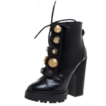 Pre Owned Dolce and Gabbana Black Leather Pearl/Button Embellished Platform Combat Ankle Boots Size 38