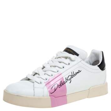 Pre Owned Dolce & Gabbana White And Black Leather Portofino Low Top Sneakers Size 39