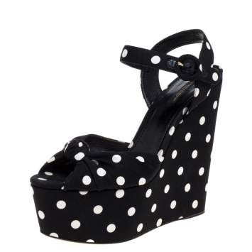 Pre Owned Dolce & Gabbana Black Satin Polka Dot Wedge Platform Ankle Strap Sandals Size 40