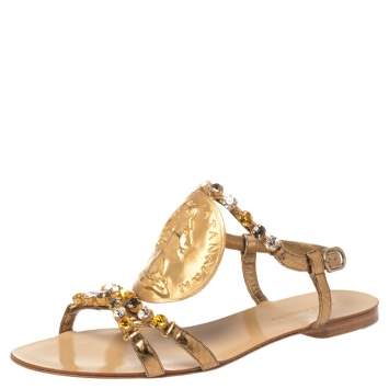 Pre Owned Dolce & Gabbana Metallic Gold Python Embossed Leather Embellished Ayers Flat Sandals Size 38