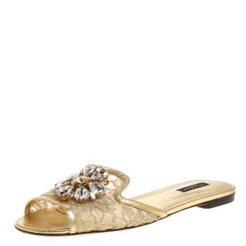 Pre Owned Dolce & Gabbana Gold Lace Sofia Crystal Embellished Slides Sandals Size 38.5