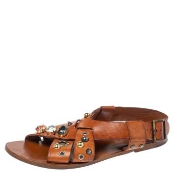 Pre Owned Dolce & Gabbana Brown Leather Jewel and Studs Embellished Flat Sandals Size 37