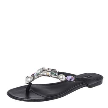 Pre Owned Dolce & Gabbana Black Leather Crystal Embellished Thong Flat Sandals Size 38