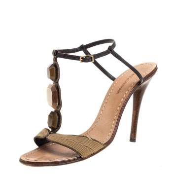 Pre Owned Dolce & Gabbana Brown Leather and Fabric Stone Embellished Sandals Size 40