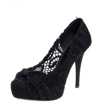 Pre Owned Dolce & Gabbana Black Lace Bow Platform Pumps Size 40