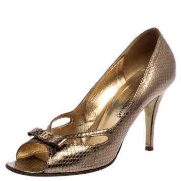 Pre Owned Dolce & Gabbana Gold Python Embossed Leather Peep Toe Bow Pumps Size 38