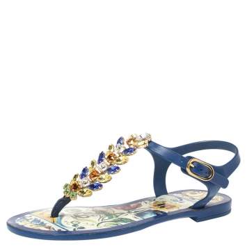 Pre Owned Dolce & Gabbana Blue Rubber Jewel Embellished Thong Flat Sandals Size 35