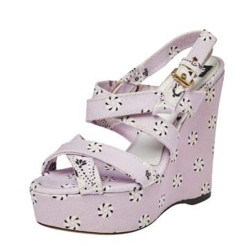 Pre Owned Dolce & Gabbana Purple Floral Print Canvas Wedge Platform Slingback Sandals Size 38