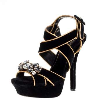 Pre Owned Dolce & Gabbana Black Velvet Metallic Gold Leather Trim Crystal Embellished Cross Strap Platform Sandals Size 37