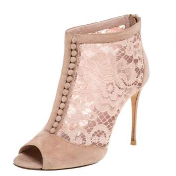 Pre Owned Dolce & Gabbana Pink Lace and Suede Open Toe Booties Size 37.5