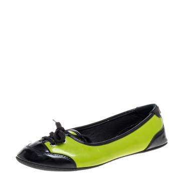 Pre Owned Dolce & Gabbana Green/Black Patent Leather Lace Detail Ballet Flats Size 35