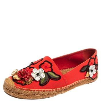 Pre Owned Dolce and Gabbana Red Canvas Locket Flower and Jewel Embroidered Espadrille Flats Size 38