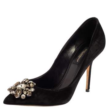 Pre Owned Dolce & Gabbana Black Suede Leather Crystal Embellished Pointed Toe Pumps Size 36