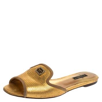 مملوكة مسبقًا Dolce & Gabbana Metallic Gold Lizard Embossed Leather Sofia Flat Slides Size 37