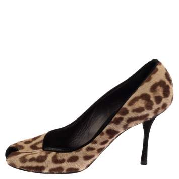 Pre Owned Dolce & Gabbana Two Tone Leopard Print Calf Hair And Suede Leather Peep Toe Pumps Size 38.5 