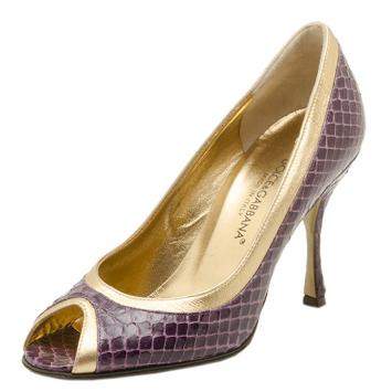 Pre Owned Dolce & Gabbana Purple and Gold Embossed Peep Toe Pumps Size 35