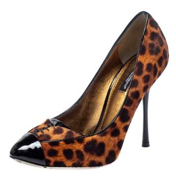 Pre Owned Dolce & Gabbana Beige/Black Pony Hair and Patent Leather Lace Detail Cap Toe Pumps Size 38