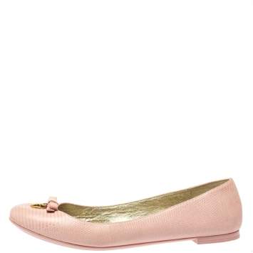 Pre Owned  Dolce and Gabbana Pink Lizard Embossed Leather Bow Detail Ballet Flats Size 40