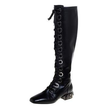 Pre Owned Dolce & Gabbana Black Leather Jackie Lace Up Knee Length Boots Size 38