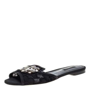 Pre Owned Dolce and Gabbana Black Lace Sofia Crystal Embellished Slides Size 38.5