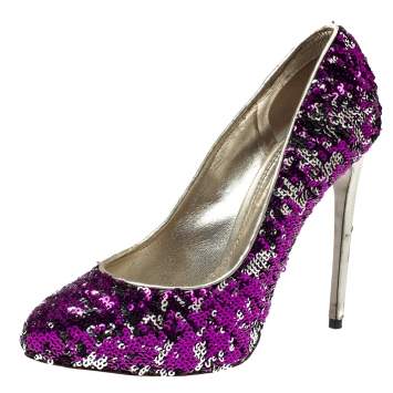 Pre Owned Dolce & Gabbana Metallic Two Tone Sequins Embellished Platform Pumps Size 38