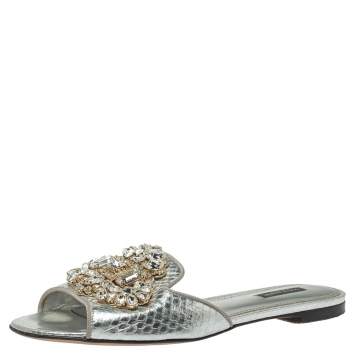 Pre Owned Dolce & Gabbana Silver Crystal Embellished  Snakeskin Embossed Leather Bianca Flat Slides Size39